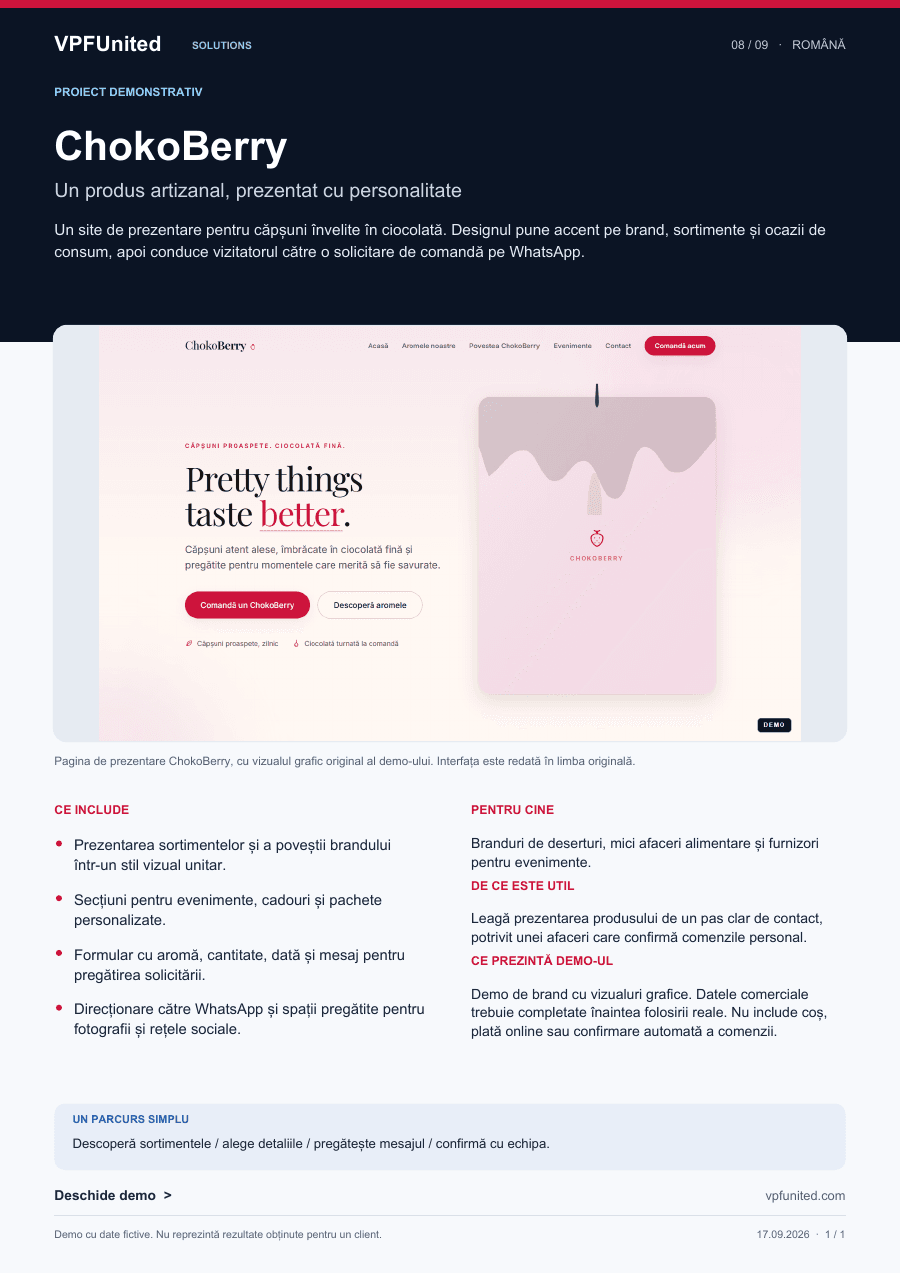 Prezentare PDF: Prezentarea modelului ChokoBerry pentru brand și comerț.