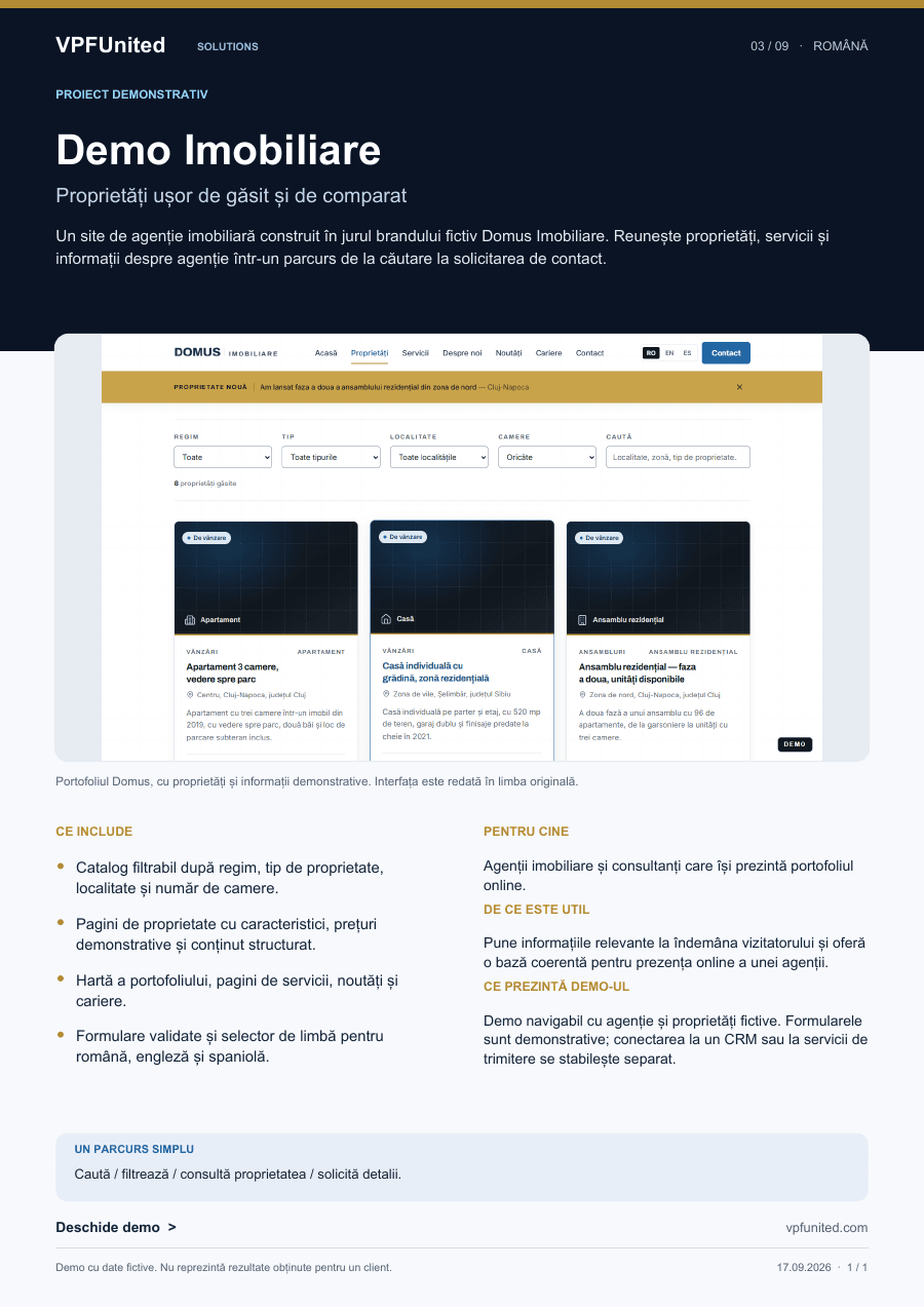 Prezentare PDF: Prezentarea modelului Demo Imobiliare pentru platformă imobiliară.