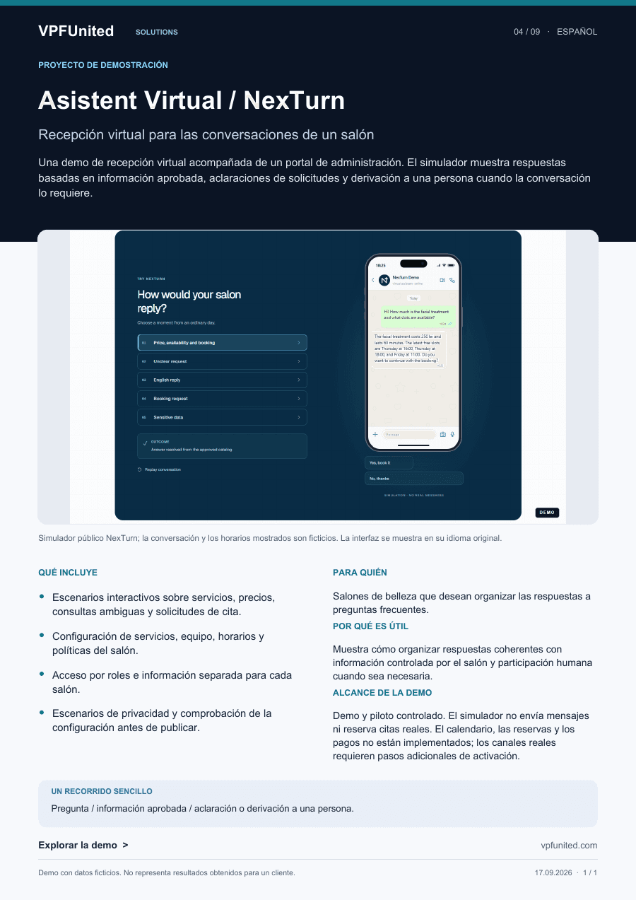 Página completa de la presentación PDF de NexTurn en español, con imagen del simulador, funciones descritas y límites de la demostración.