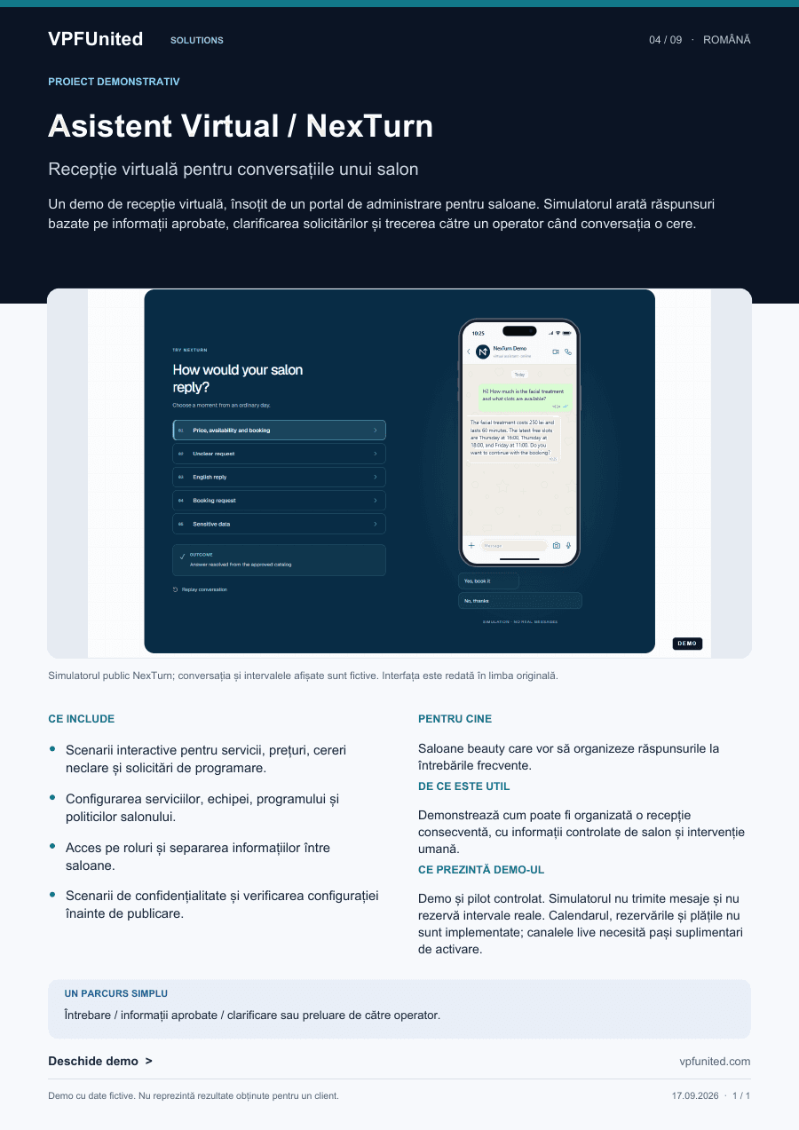 Pagina integrală a prezentării PDF NexTurn în română, cu imaginea simulatorului, funcțiile descrise și limitele demonstrației.